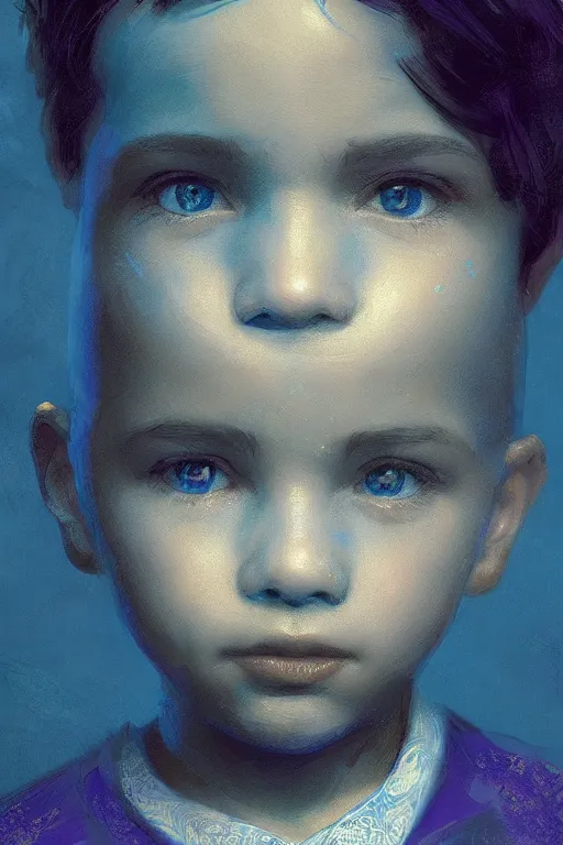 Prompt: little boy, close - up portrait, the portrait is decorated with blue and gold art deco patterns, powerfull, intricate, elegant, volumetric lighting, scenery, digital painting, highly detailed, artstation, sharp focus, illustration, concept art, ruan jia, steve mccurry