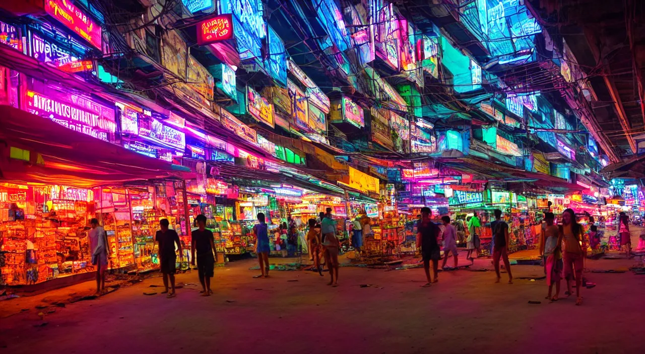 Prompt: Cyberpunk Shopping Center, futuristic Phnom-Penh Cambodia, neon lighting