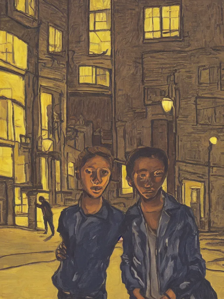 Image similar to backlit portrait of 2 kids posing at night, by alice neel, high definition, intricate details, atmospheric, town square, dark, vegetation, small town, god light