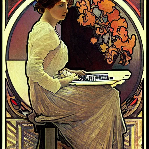 Image similar to a confused designer looking at their laptop by Alphonse Mucha