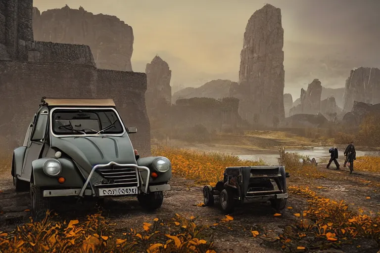 Image similar to offroad citroen 2 cv ( 1 9 6 5 ) of daedric design driving across the rift, daedric axe stored on the side of the car, leather and cloth traveller backpacks on roof, riften city in the background, epic fantasy, autumn, the elder scrolls v : skyrim, dramatic lighting, establishing shot, by simon stalenhag