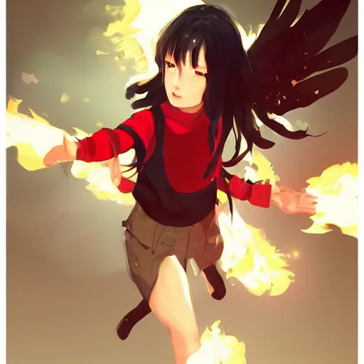 Image similar to Full body, splash art by WLOP, Ilya kuvshinov, Krenz Cushart, and Greg Rutkowski, trending on artstation. Realistic fantasy Native Indian young girl with dark skin and silky black hair, wearing a red-sleeved white t-shirt with jeans, she has fire powers, her hair is made out of astonishing fire flames, wide panorama of a Cinematic dramatic atmosphere of a mystic dense forest, full of foliage, sharp focus, soft volumetric studio lighting