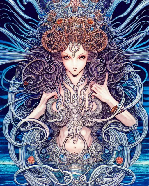 Prompt: hyper detailed illustration of the goddess of the ocean, intricate linework, lighting poster by moebius, ayami kojima, 90's anime, retro fantasy