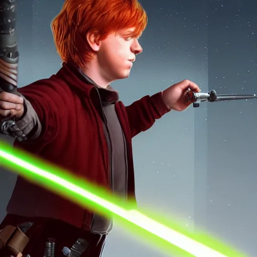 Image similar to epic digital matte paining of Ron Weasley firing a lightsaber out of a cannon, extremely detailed, artstation