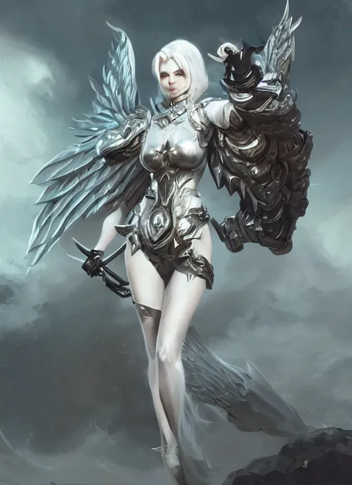 Image similar to a highly detailed illustration of white haired pale lady wearing dieselpunk armor dress with iron wings and blindfold, dramatic floating pose, intricate, elegant, highly detailed, centered, digital painting, artstation, concept art, smooth, sharp focus, league of legends concept art, wlop