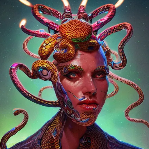 Prompt: a robotic ancient gorgon with snakes on her head, vibrant lighting, elegant, highly detailed, smooth, sharp focus, illustration, beautiful, geometric, trending on artstation, full body, cinematic, artwork by borovikovsky