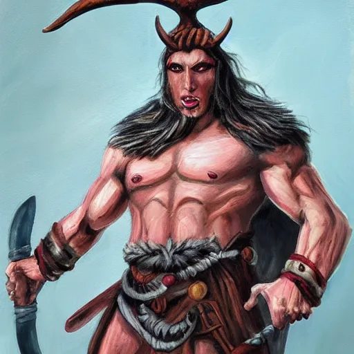 Prompt: Barbarian Tiefling with antlers, painting