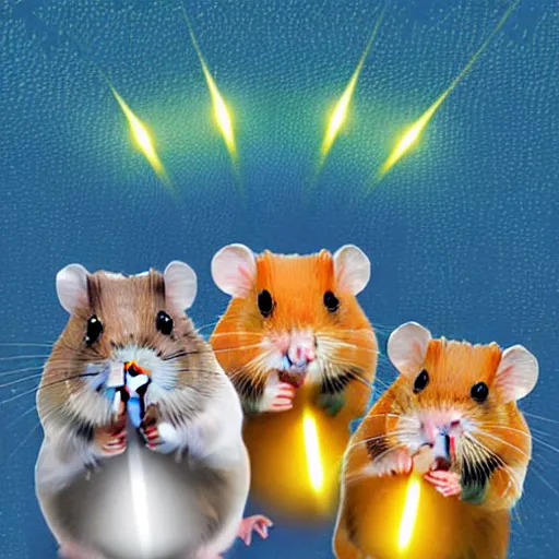 Prompt: hamsters in a james bond film with lasers on their mounted on their heads, digital art