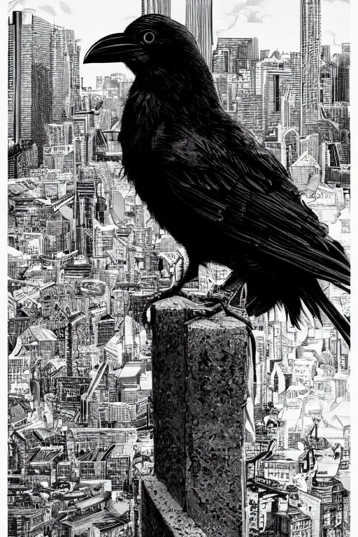 Image similar to portrait raven bird by yusuke murata and masakazu katsura, artstation, highly - detailed, cgsociety, artstation, pencil and ink, fighting pose, city in the background, dark colors, detailed face