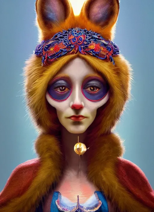 Image similar to an anthropomorphic beautiful female wizard portrait made of fox holding a staff wearing colourful robe, fine art, award winning, intricate, elegant, sharp focus, octane render, hyperrealistic, cinematic lighting, highly detailed, digital painting, 8 k concept art, art by jamie hewlett and z. w. gu, masterpiece, trending on artstation, 8 k