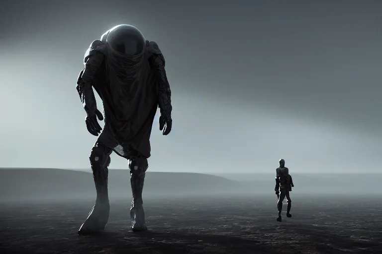 Image similar to a strong alien with glowing smokey eyes wearing simplistic body armor and a flowing cloth poncho walks towards an alien base on a vast landscape, dramatic lighting, light fog, 8 k cg render, highly detailed, trending on artstation