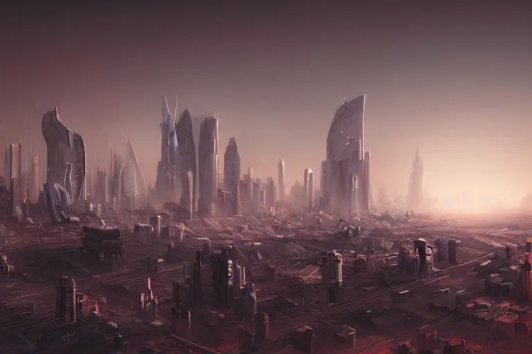 Prompt: cityscape of a city on Mars, futuristic, cinematic lighting, concept art