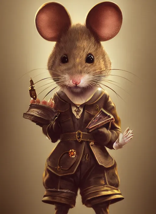 Prompt: full body concept, very fine art oil painting of a cute anthropomorphic mouse with a very beautiful face wearing full intricate clothing, ultra detailed, octane render, 4K, dystopian, micro details