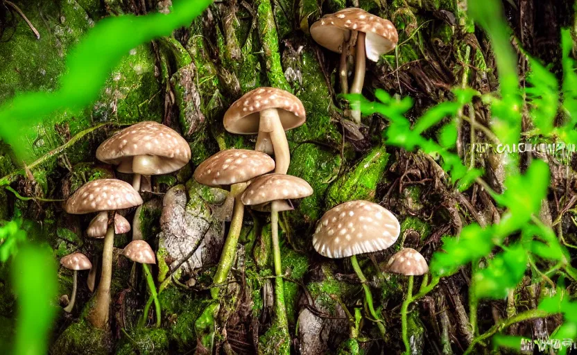 Prompt: a photography of a creepy mushroom family in a rainforest, intricate detail, photorealistic, 2 4 mm mirrorless