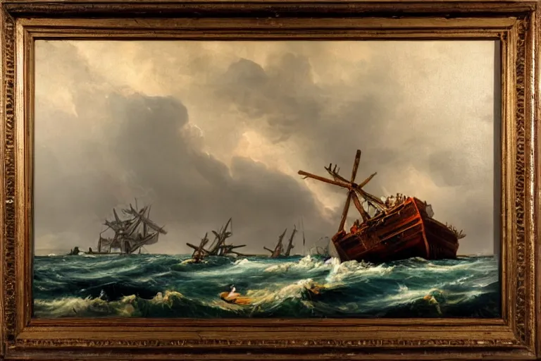 Prompt: shipwreck in the Bermuda triangle of a large ship, lightning and birds on the background oil painting