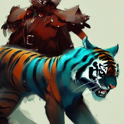 Image similar to concept art of anthropomorphized tiger black and teal, highly detailed painting by dustin nguyen, akihiko yoshida, greg tocchini, 4 k, trending on artstation, 8 k