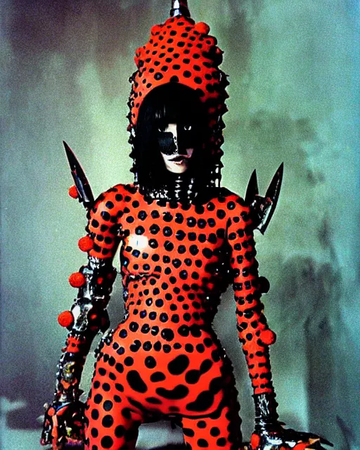 Image similar to portrait of a skinny punk goth yayoi kusama wearing armor by simon bisley, john blance, frank frazetta, fantasy, thief warrior, sparkles glitter