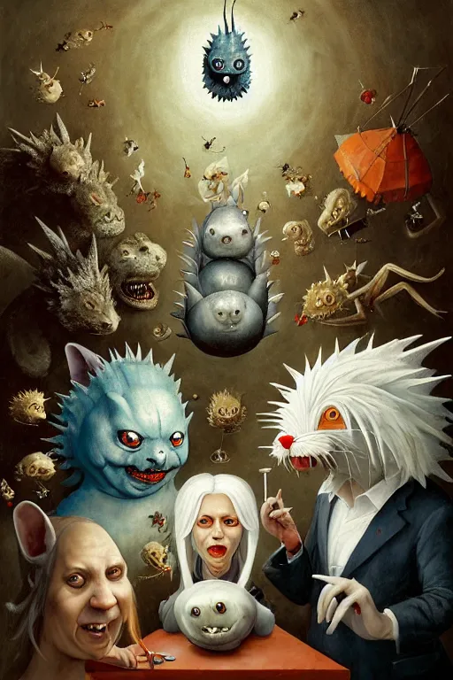 Image similar to hieronymus bosch, greg rutkowski, anna podedworna, painting of two white haired catgirls, a small fat blue godzilla, a pickle in a suit and tie, a cybernetic fox woman, a woman with one eye, a small hedgehog, a man with a shrimp for a head, pointing at a vampire clown with red hair in a vr headset