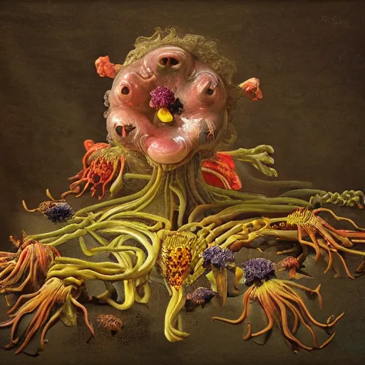 Prompt: disgusting disturbing colorful strange dutch golden age bizarre mutant flower floral still life with many human toes realistic human toes blossoming everywhere insects very detailed fungus tumor disturbing tendrils bizarre slimy forms sprouting up everywhere by rachel ruysch christian rex van minnen black background chiaroscuro dramatic lighting perfect composition masterpiece high definition 8 k 1 0 8 0 p