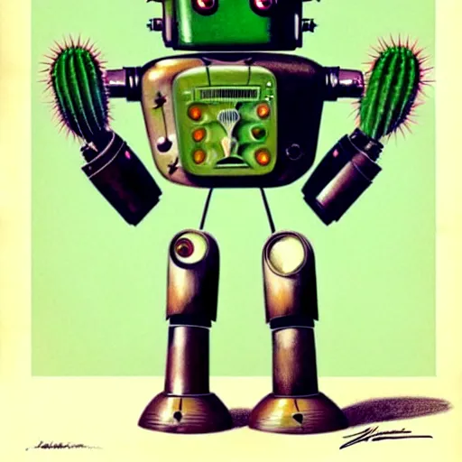 Prompt: 1950s retro cactus robot, Bionic Arms and eyes . muted colors. by Jean-Baptiste Monge