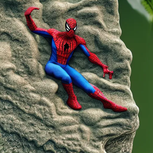 Image similar to spiderman frozen in carbonite, ultra realistic, intricate details, highly detailed, photorealistic, 8 k, vegetation, water, cave