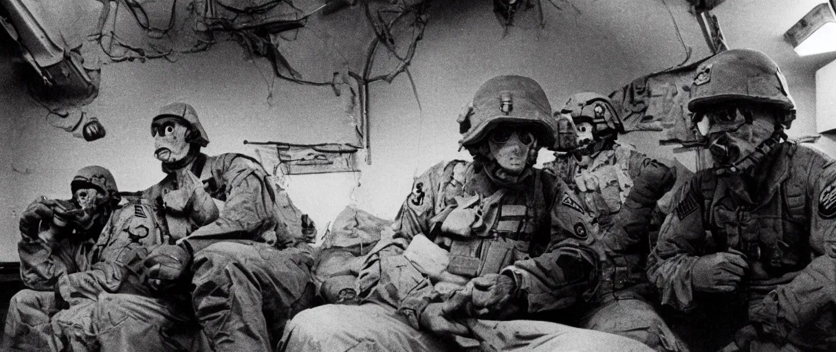 Image similar to a high quality color creepy atmospheric dimly lit extreme closeup film 3 5 mm depth of field photograph of 2 us soldiers bored having casual conversation inside a top secret military bunker in antarctica in 1 9 8 2
