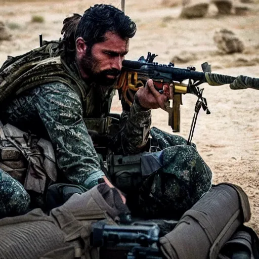 Image similar to kurdish ypg sniper in a movie directed by christopher nolan, movie still frame, promotional image, imax 7 0 mm footage, 8 k uhd