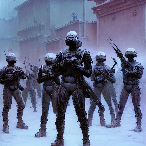 Image similar to portrait of futuristic soldiers squad on the art deco streets of the undying empire city of ya - sattra during the festival of masks, snow, winter, award - winning realistic sci - fi concept art by beksinski, bruegel, greg rutkowski, alphonse mucha, and yoshitaka amano