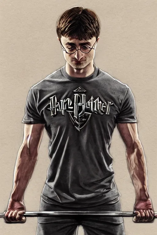 Image similar to highly detailed rendering of Daniel Radcliffe as Harry Potter doing barbell back squats, dingy workout gym, wearing a muscle tee shirt, muscular deep squats, symmetrical, highly detailed, digital painting, artstation, concept art, smooth, sharp focus, illustration, cinematic lighting, art by artgerm and greg rutkowski and alphonse mucha