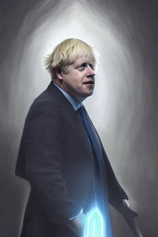 Image similar to a realistic portrait of Boris Johnson as Grim Reaper, masculine figure, bright hopeful atmosphere, volumetric lights, beam of bright light through the clouds, intricate, elegant, highly detailed, extremely detailed, digital painting, artstation, concept art, matte, smooth, sharp focus, hyper realistic, illustration, art by Artgerm and Greg Rutkowski and Alphonse Mucha