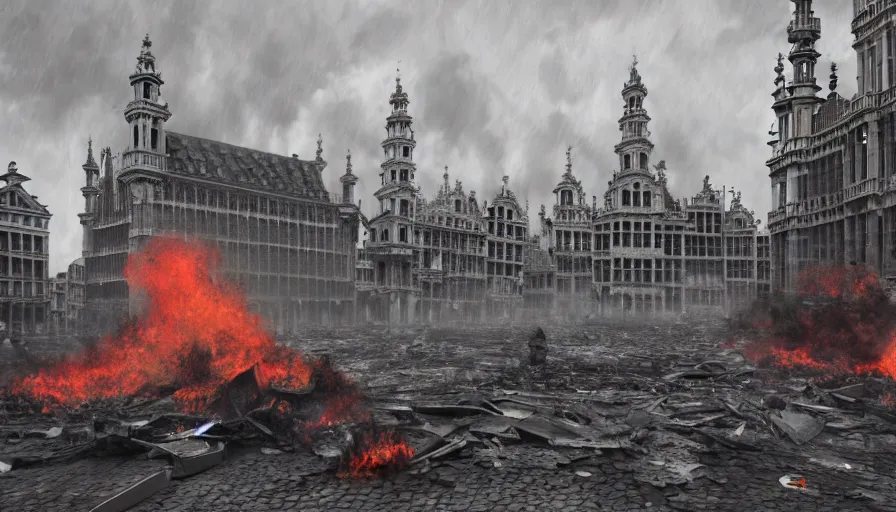 Prompt: destroyed grand place, brussels with fire and debris, grey sky, hyperdetailed, artstation, cgsociety, 8 k