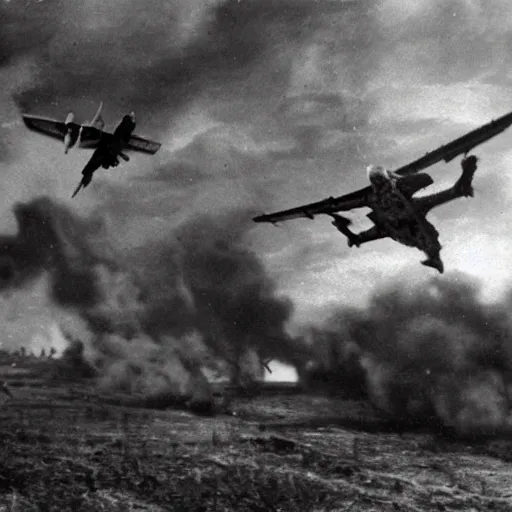 Image similar to lack and white photo Dragons in Battle of Kursk WWII, dragons flying in the sky