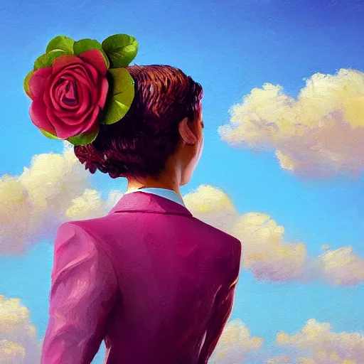 Image similar to closeup, giant rose flower as a head, frontal, a girl in a suit, surreal photography, sunrise, blue sky, dramatic light, impressionist painting, digital painting, artstation, simon stalenhag