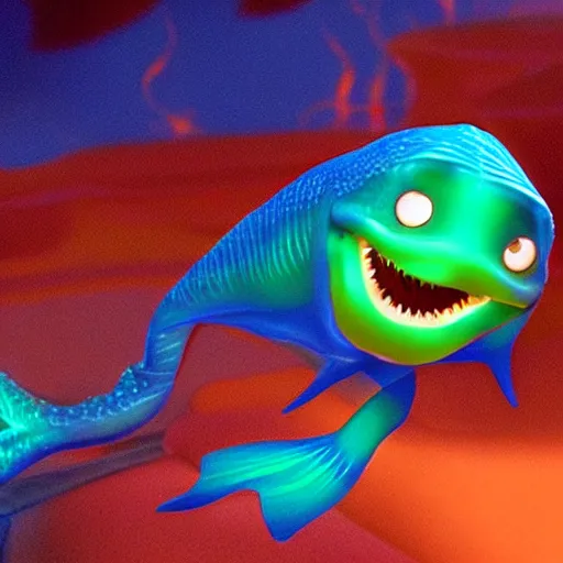 Image similar to smiling baby fish - aquatic tron dinosaurs with glowing blue bio - phosphorescent lines in body. rendered by pixar