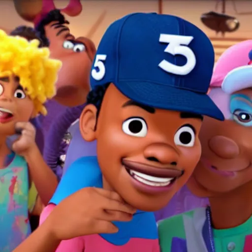 Image similar to a tv still of Chance The Rapper starring in a 2006 Pixar Animated movie