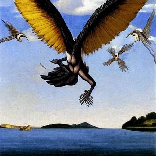 Image similar to Zapdos flying above a lake painted by Caravaggio. High quality.