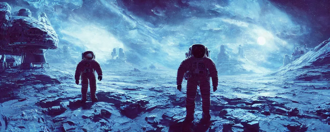 Image similar to lone astronaut exploring outer digital cybernetic planet covered with ice, art by paul lehr, cinematic, detailed, epic, widescreen, opening, establishing, matte painting, photorealistic, realistic textures, octane render