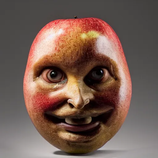 Image similar to a taxidermized apple with a human face, in a museum, 8 5 mm lens, 7 0 mm entrance pupil diameter