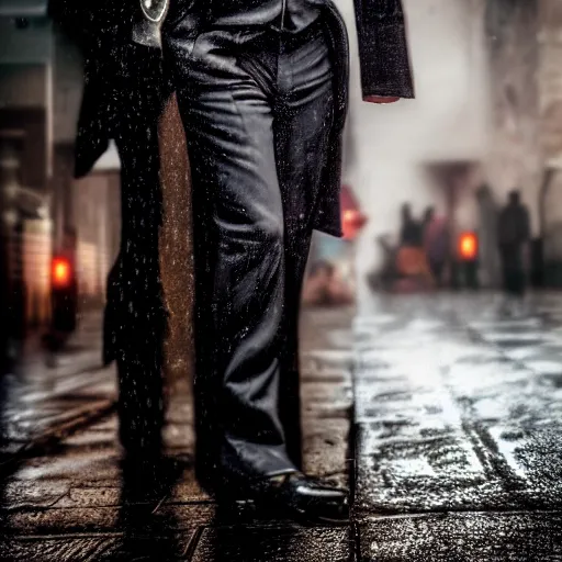 Image similar to cinestill 5 0 d candid photographic portrait by david cronenberg of baroque steampunk cyborg gentleman wearing an edwardian suit and top hat, modern cyberpunk moody emotional cinematic, closeup, pouring rain menacing lights shadows, 8 k, hd, high resolution, 3 5 mm, f / 3 2, ultra realistic faces, ex machina