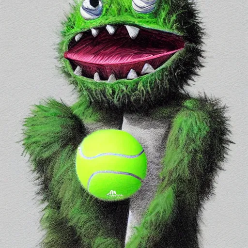 Image similar to a tennis ball monster , water, tennis ball, dark, chalky, digital art, fantasy, magic, trending on artstation, ultra detailed, professional illustration by Basil Gogos