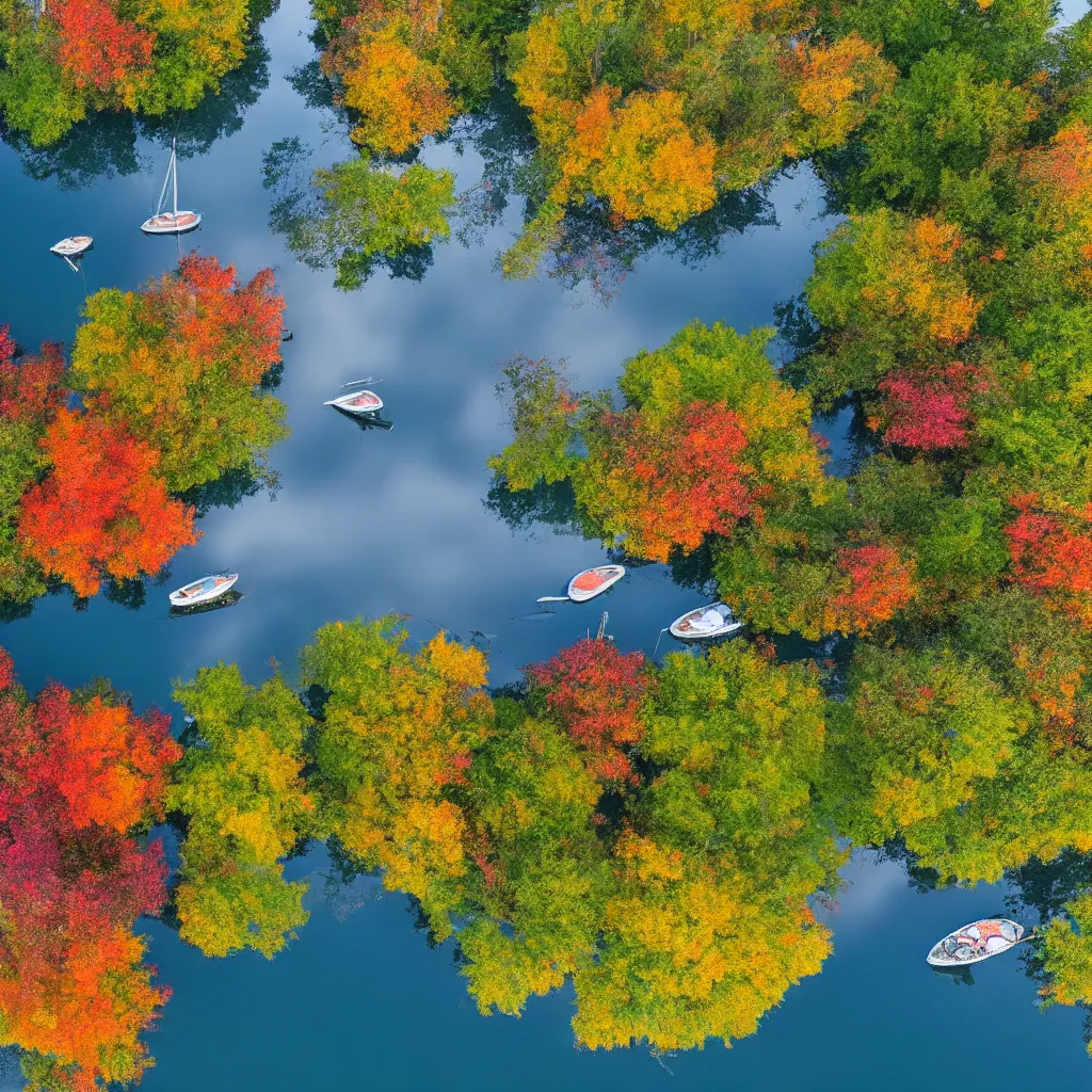 Image similar to ariel view of lake, silver cloud reflections, boats, colourful august foliage, very detailed, 4 k, professional photography