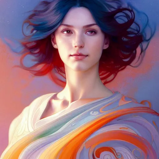 Image similar to Harmony is a hue created with swirls of white gouache, hopeful cerulean, and a daub of joy orange, intricate, highly detailed, digital painting, artstation, concept art, smooth, sharp focus, illustration, Unreal Engine 5, 8K, art by artgerm and greg rutkowski and alphonse mucha