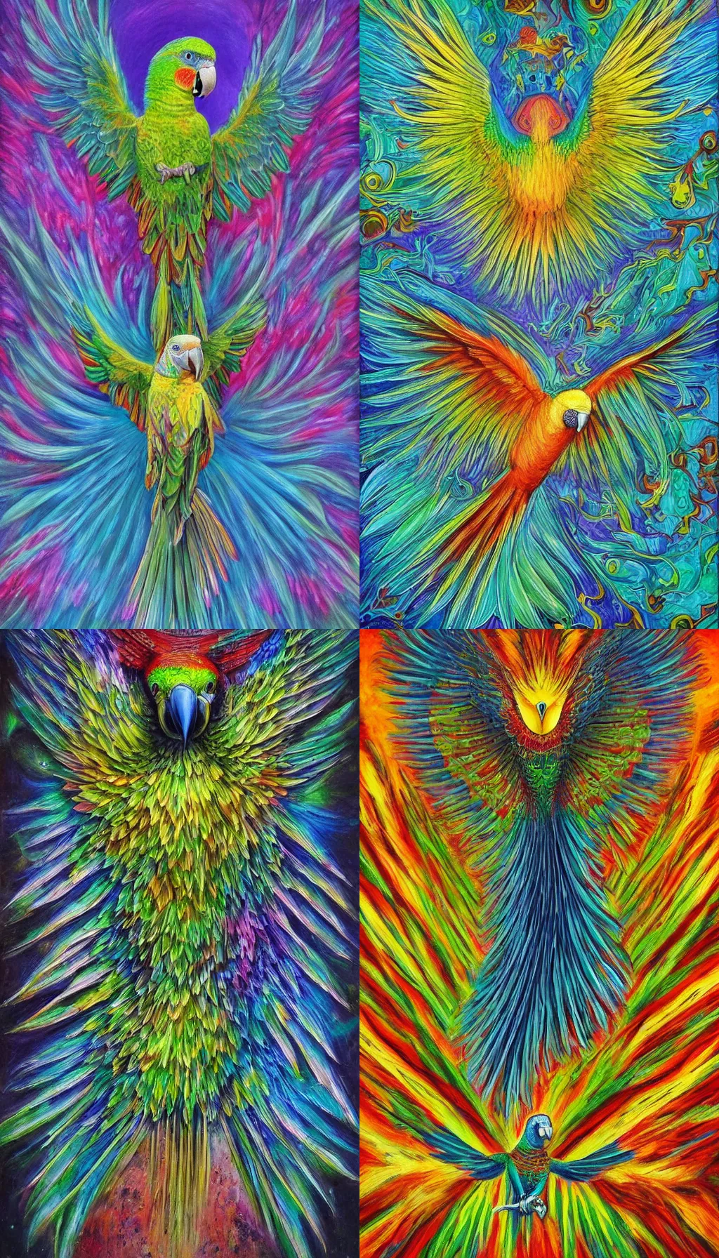 Prompt: a beautiful realistic painting of a parrot spreading its wings and soaring to the sky, symetrical wings, ayahuasca, fantasy art style, trending on deviant art