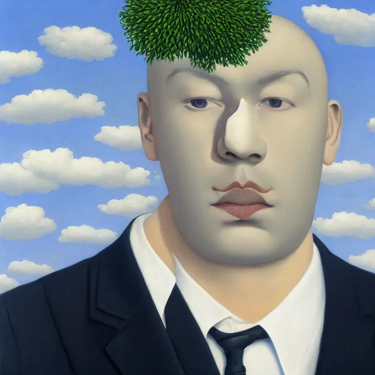 Image similar to portrait of a faceless beautiful flower - head man in a suit, clouds in the background, by rene magritte, detailed painting, distance, middle centered, hd, hq, high resolution, high detail, 4 k, 8 k