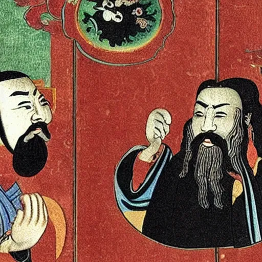 Image similar to confucius, lao tzu, jesus drinking tea in a chinese tea house, happy, smiling, fist bumping