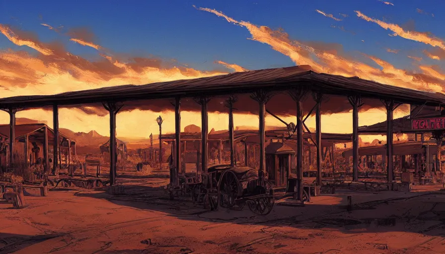 Image similar to train station roadside old west saloon cactus tombstones sunset sky clouds illustration by syd mead artstation 4 k 8 k graphic novel concept art matte painting