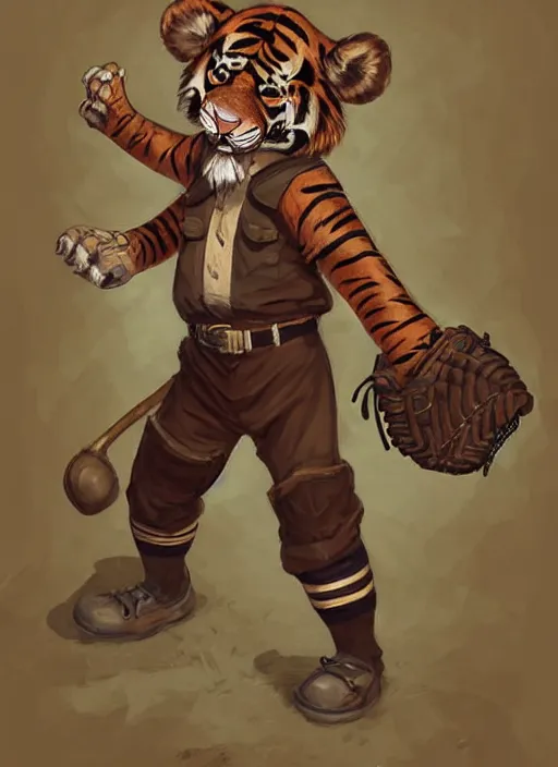 Prompt: fursona commission of a anthro tiger wearing a old-timey baseball uniform. pretty, beautiful, DnD character art portrait, matte fantasy painting. Desert mining town. DeviantArt Artstation, by Jason Felix by Steve Argyle by Tyler Jacobson by Peter Mohrbacher, cinematic lighting