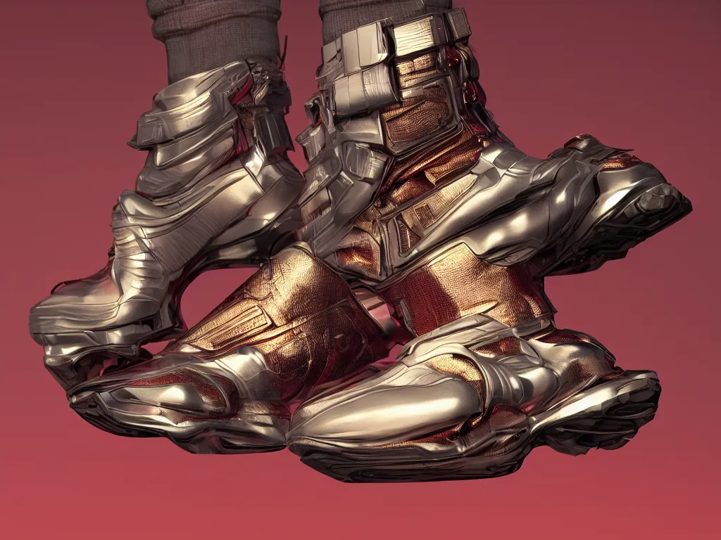 Image similar to realistic 3 d render of a cyberpunk android foot wearing sneakers, beautiful studio lighting, soft, sharp focus, neon cyberpunk highlights, intricate detail, gold and red accents, soft rubber, octane render, side view, close up, trending on artstation, deviantart