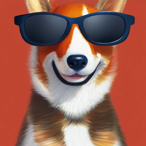 Prompt: Portrait of a corgi wearing sunglasses and a cap, digital painting, highly detailed, artstation, concept art, smooth, sharp focus, illustration