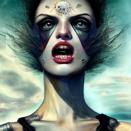 Prompt: 3 d, close - up, screaming fashion model face, sun, cinematic, clouds, vogue cover style, dystopian art, poster art, futuristic, fantasy artrealistic painting, intricate oil painting, high detail illustration, by guillermo del toro and james jean and david diao